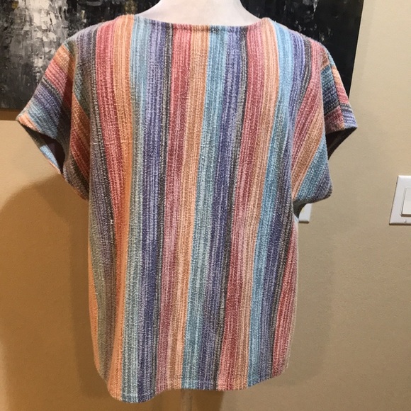 W5 (Anthropologie) Striped Rainbow Colored Knit Tie Waist Top-Size L - Picture 4 of 8